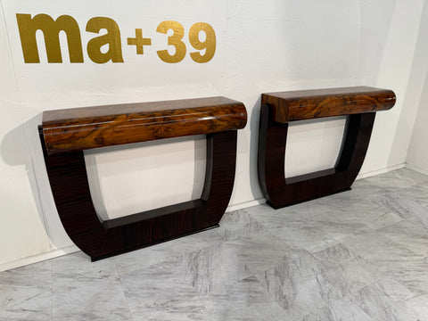 Pair of Mid-Century Italian Burl Wood Console Tables