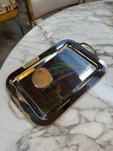 Silver Plated Serving Tray with Golden Floral Etching