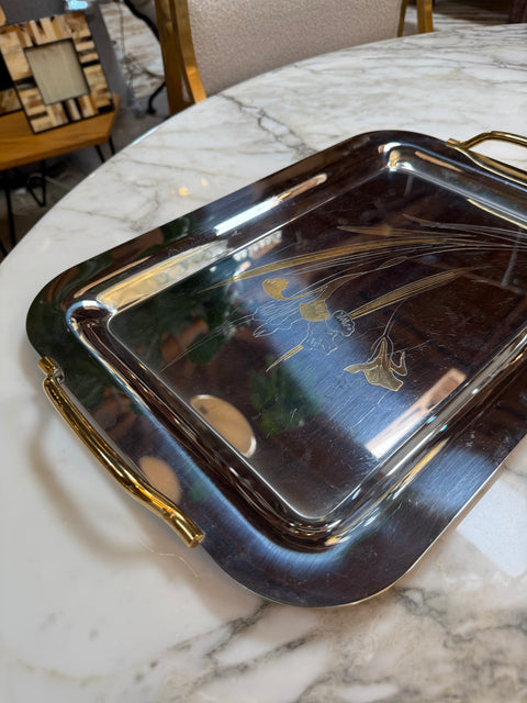 Silver Plated Serving Tray with Golden Floral Etching