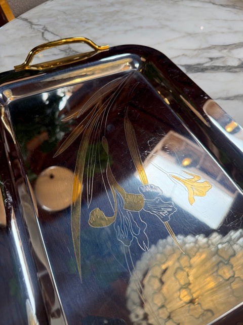Silver Plated Serving Tray with Golden Floral Etching
