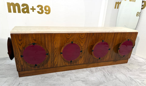Italian Mid-Century Modern Sideboard with Travertine Top & Circular Red Accents, 1970s