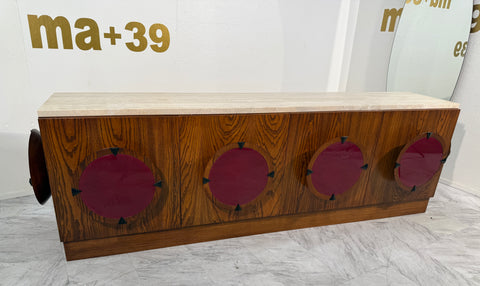Italian Mid-Century Modern Sideboard with Travertine Top & Circular Red Accents, 1970s