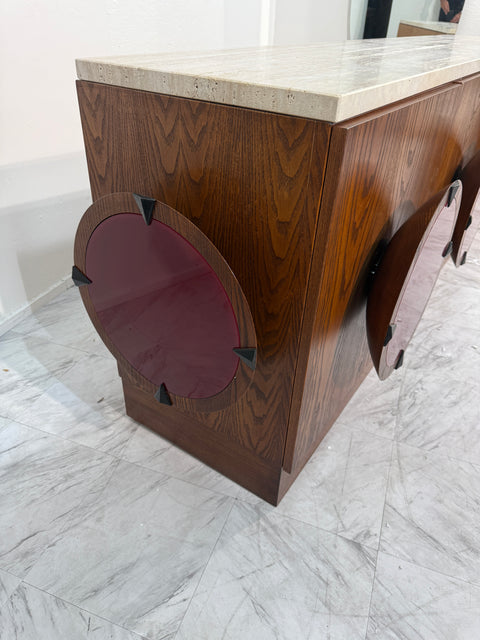 Italian Mid-Century Modern Sideboard with Travertine Top & Circular Red Accents, 1970s