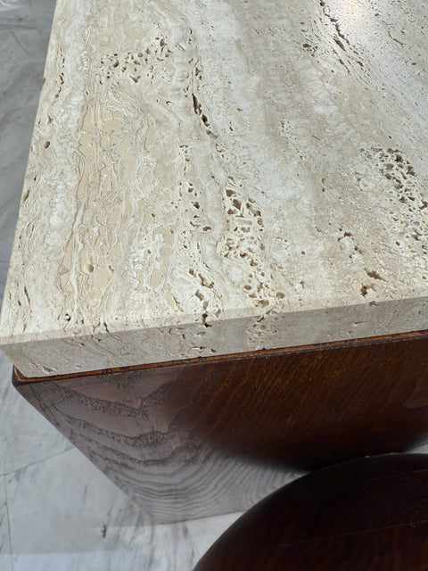 Italian Mid-Century Modern Sideboard with Travertine Top & Circular Red Accents, 1970s