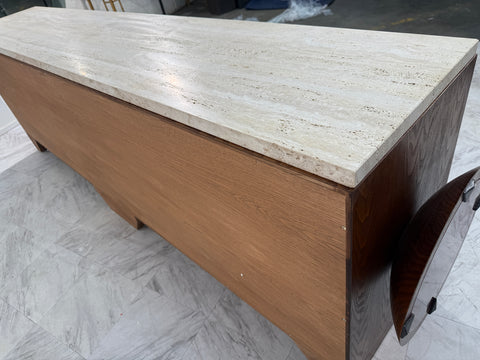 Italian Mid-Century Modern Sideboard with Travertine Top & Circular Red Accents, 1970s