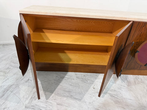 Italian Mid-Century Modern Sideboard with Travertine Top & Circular Red Accents, 1970s