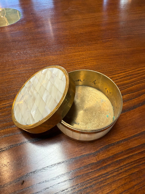 Brass and Mother-of-Pearl Inlay Round Box