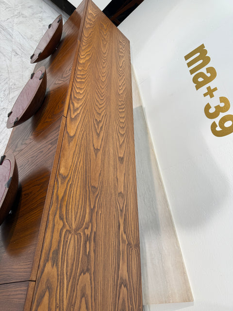 Italian Mid-Century Modern Sideboard with Travertine Top & Circular Red Accents, 1970s