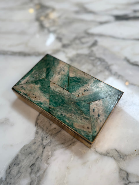 Vintage Green Stone and Brass Inlay Box