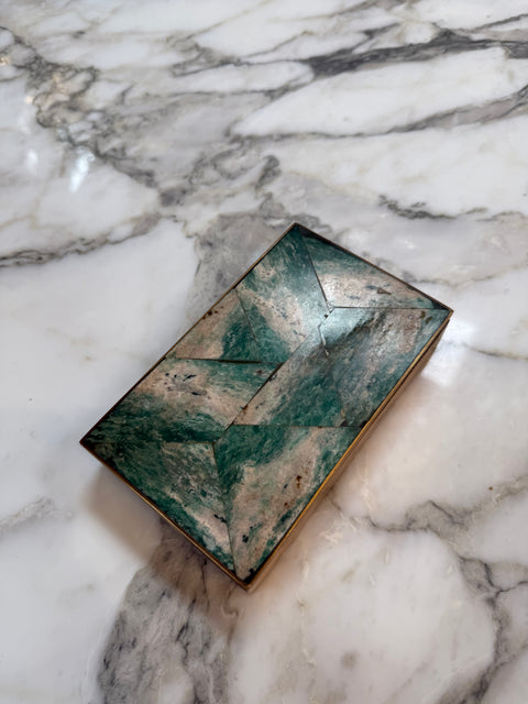 Vintage Green Stone and Brass Inlay Box