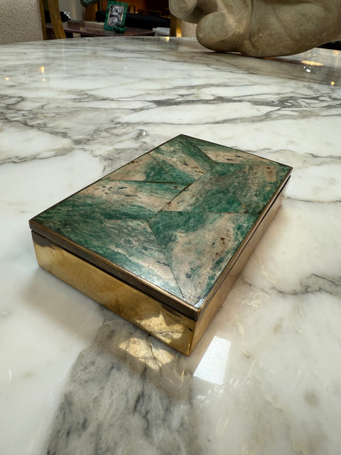 Vintage Green Stone and Brass Inlay Box