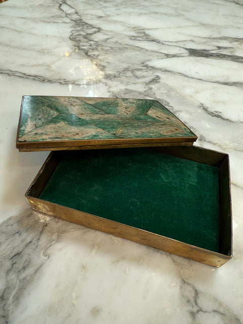 Vintage Green Stone and Brass Inlay Box