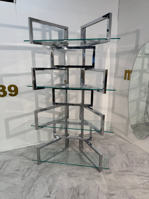 1970s Chrome & Glass Geometric Étagère Bookshelf