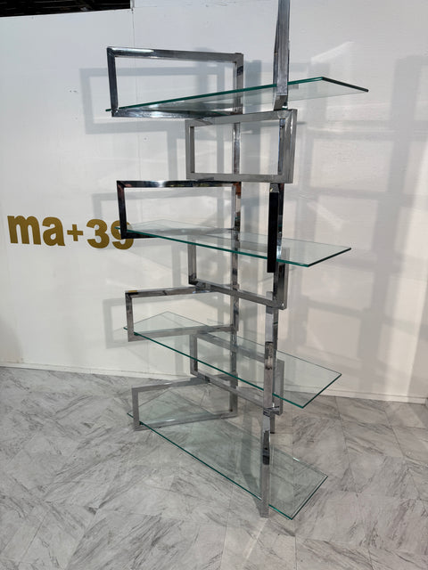 1970s Chrome & Glass Geometric Étagère Bookshelf