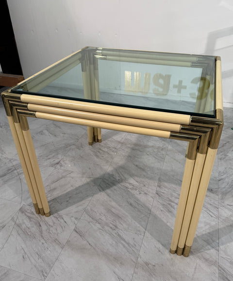 Square Side Table with Brass, Lacquered Bamboo-Style Frame & Glass Top, 1970s