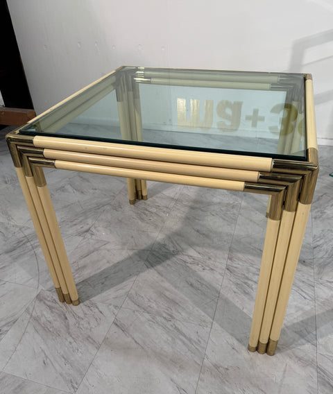Square Side Table with Brass, Lacquered Bamboo-Style Frame & Glass Top, 1970s