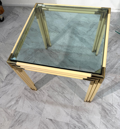 Square Side Table with Brass, Lacquered Bamboo-Style Frame & Glass Top, 1970s