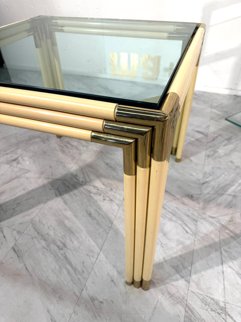 Square Side Table with Brass, Lacquered Bamboo-Style Frame & Glass Top, 1970s