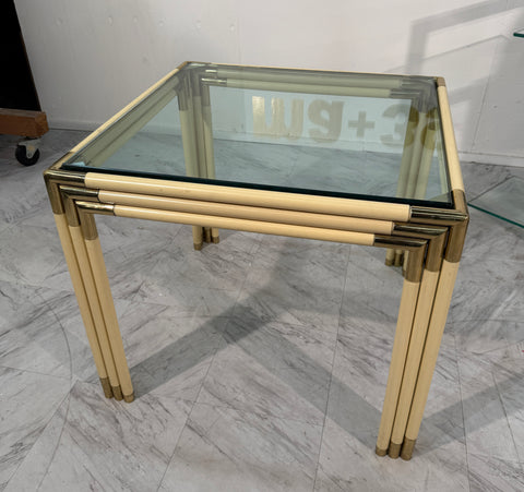 Square Side Table with Brass, Lacquered Bamboo-Style Frame & Glass Top, 1970s