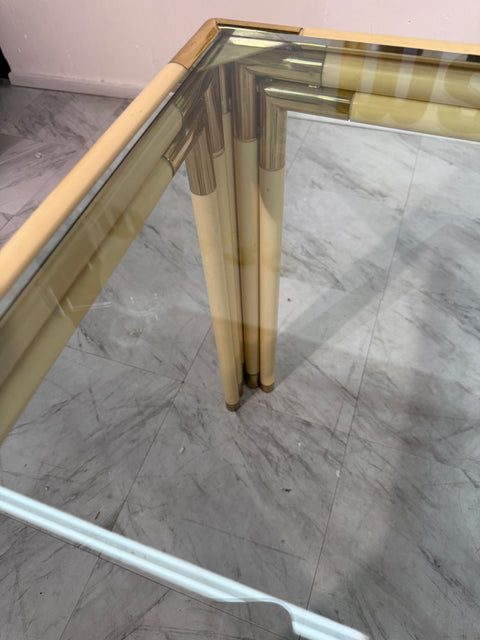 Square Side Table with Brass, Lacquered Bamboo-Style Frame & Glass Top, 1970s