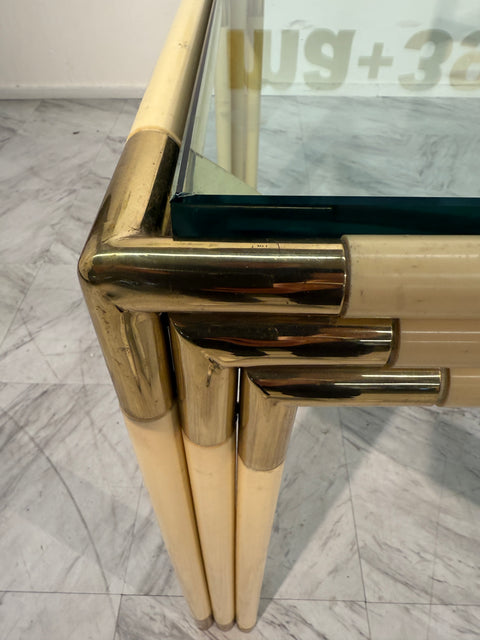 Square Side Table with Brass, Lacquered Bamboo-Style Frame & Glass Top, 1970s