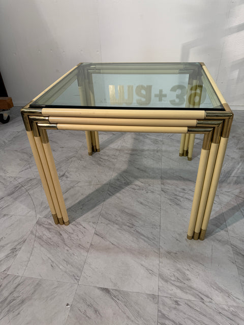 Square Side Table with Brass, Lacquered Bamboo-Style Frame & Glass Top, 1970s