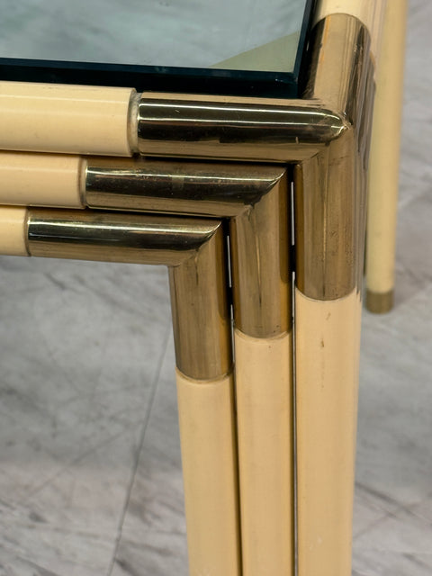 Square Side Table with Brass, Lacquered Bamboo-Style Frame & Glass Top, 1970s