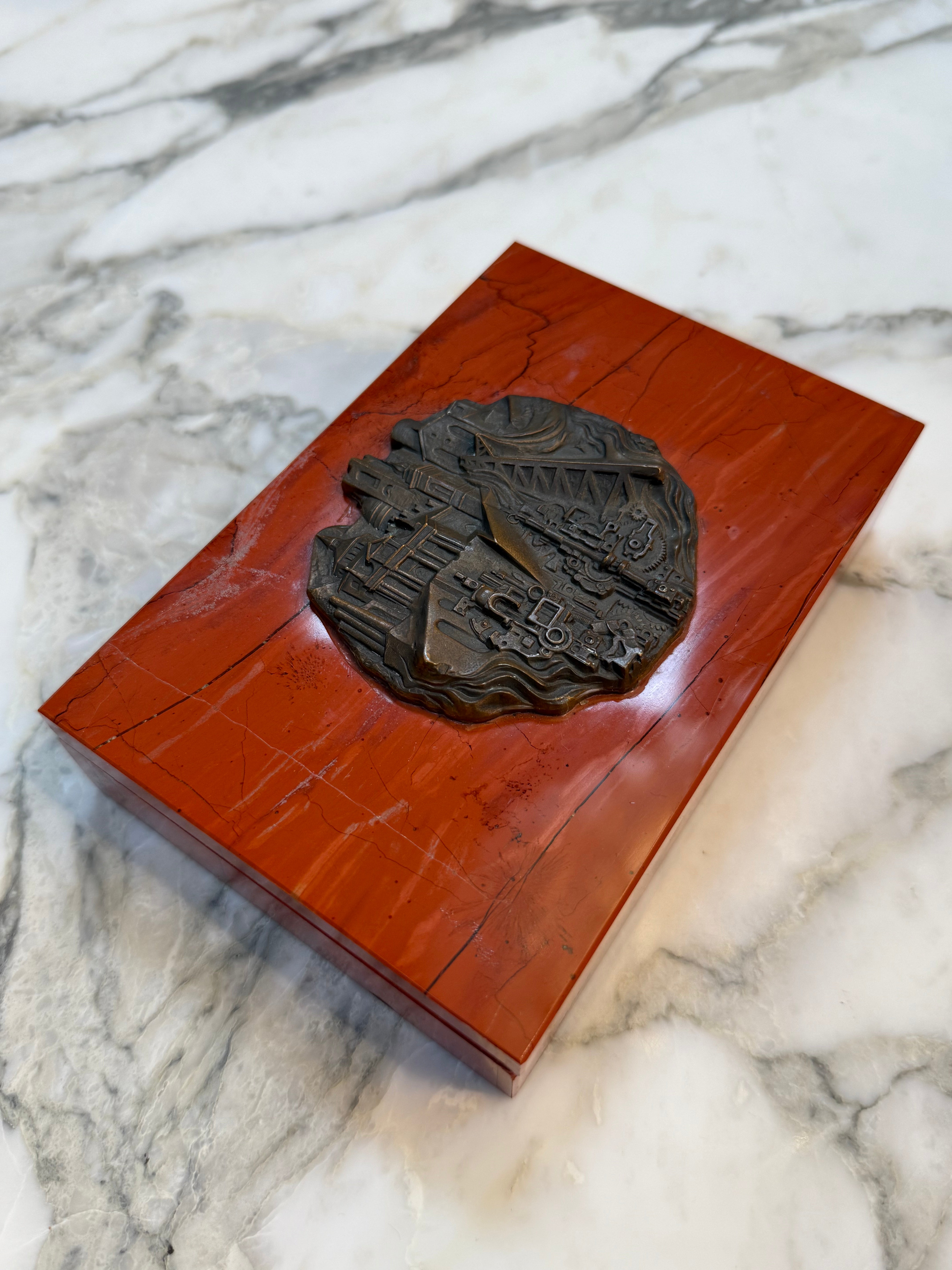 Mid-Century Modern Italian Red Marble and Bronze Relief Box