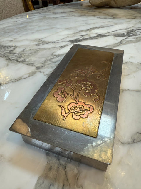 Mixed Metal Floral Inlay Box – Brass, Copper, and Nickel Silver