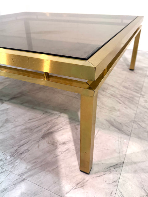 Mid-Century Modern Square Brass & Smoked Glass Coffee Table, 1970s