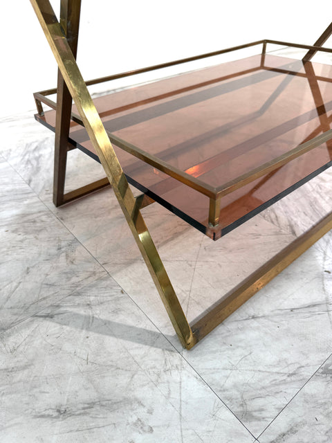 Brass & Smoked Rose Glass Side Table, 1970s Italy