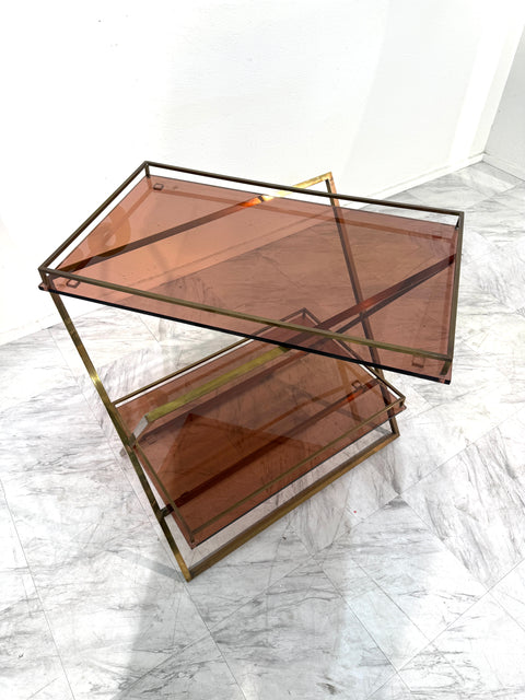 Brass & Smoked Rose Glass Side Table, 1970s Italy