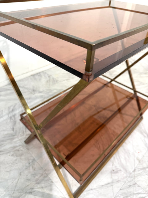 Brass & Smoked Rose Glass Side Table, 1970s Italy