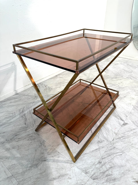 Brass & Smoked Rose Glass Side Table, 1970s Italy