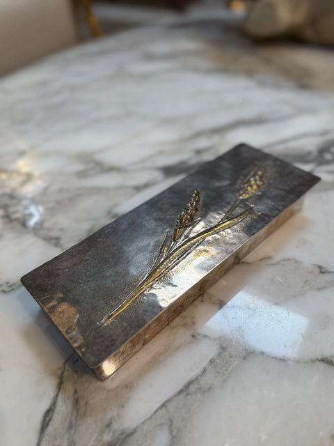 Mid-Century Brass and Nickel Silver Relief Box with Wheat Motif