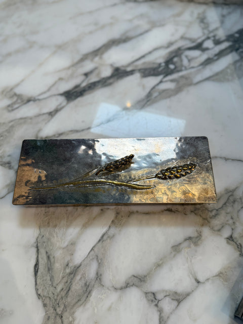 Mid-Century Brass and Nickel Silver Relief Box with Wheat Motif