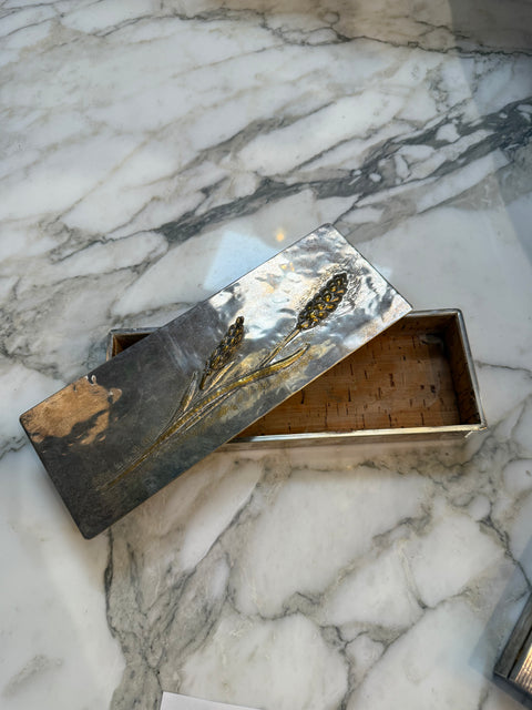 Mid-Century Brass and Nickel Silver Relief Box with Wheat Motif