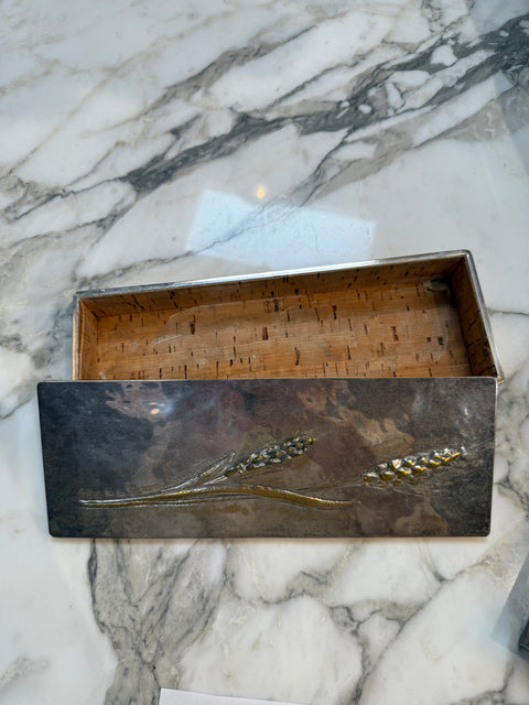 Mid-Century Brass and Nickel Silver Relief Box with Wheat Motif