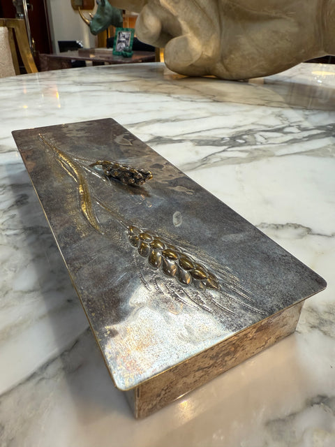 Mid-Century Brass and Nickel Silver Relief Box with Wheat Motif