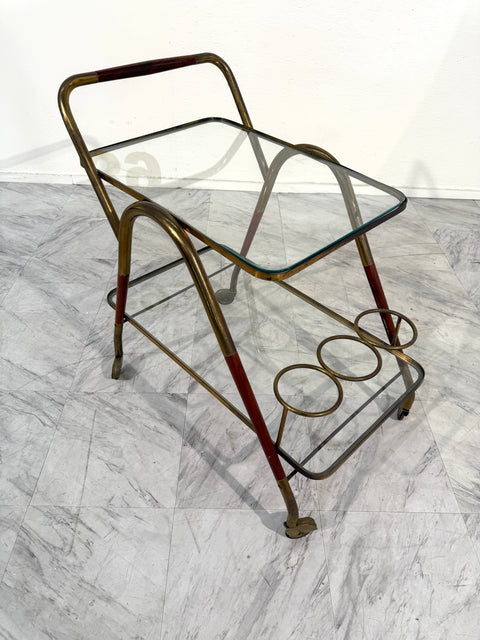 Italian Brass & Glass Bar Cart with Bottle Holder