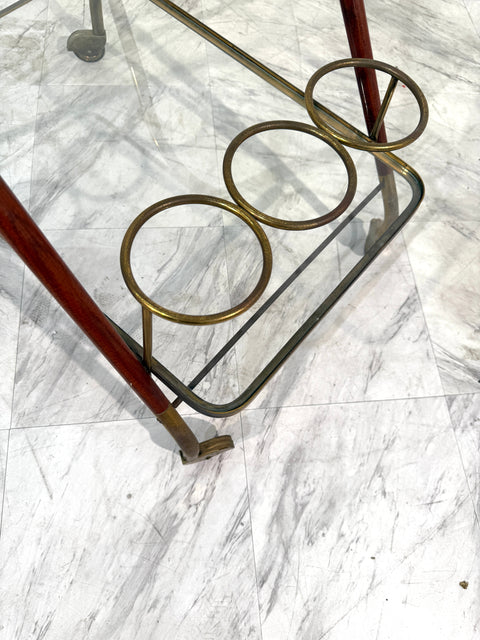 Italian Brass & Glass Bar Cart with Bottle Holder