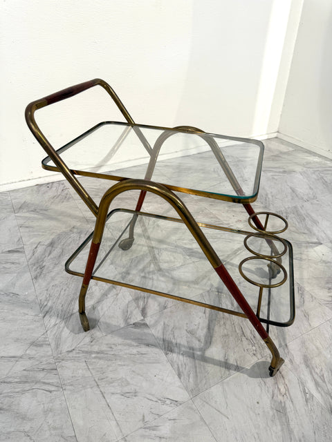 Italian Brass & Glass Bar Cart with Bottle Holder