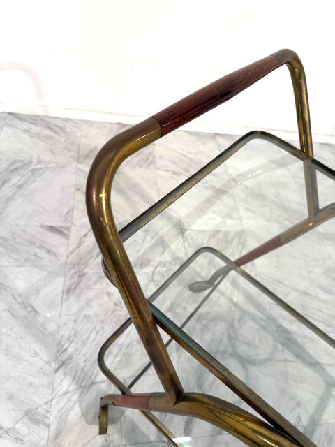 Italian Brass & Glass Bar Cart with Bottle Holder
