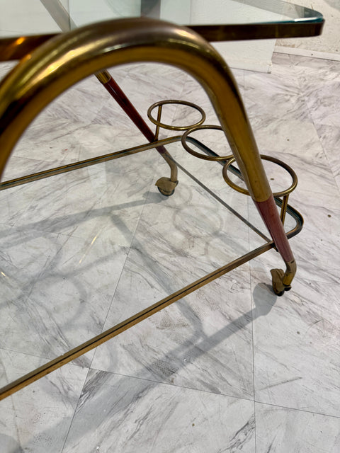 Italian Brass & Glass Bar Cart with Bottle Holder