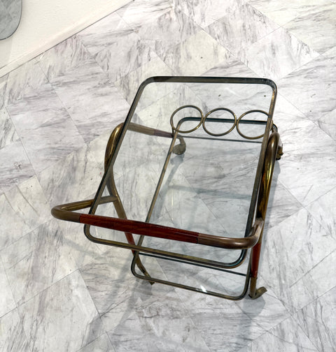 Italian Brass & Glass Bar Cart with Bottle Holder