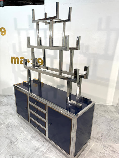 Italian Chrome and Lacquered Credenza with Geometric Bookshelf, 1970s