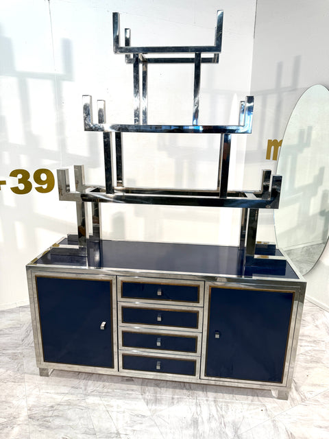 Italian Chrome and Lacquered Credenza with Geometric Bookshelf, 1970s