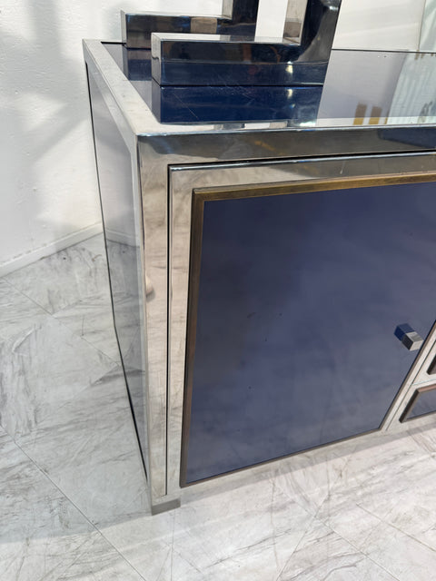 Italian Chrome and Lacquered Credenza with Geometric Bookshelf, 1970s