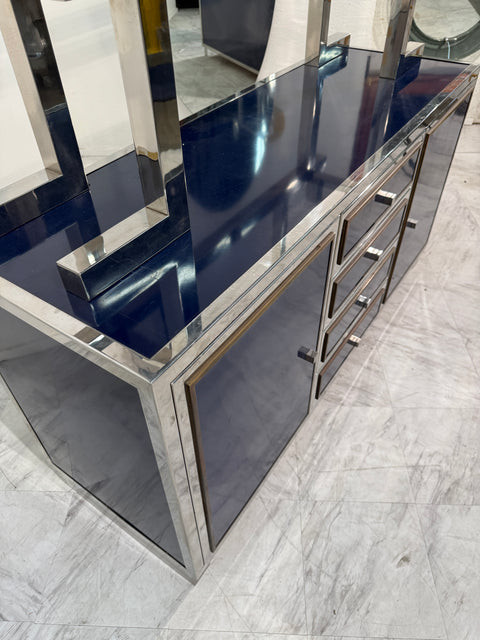 Italian Chrome and Lacquered Credenza with Geometric Bookshelf, 1970s