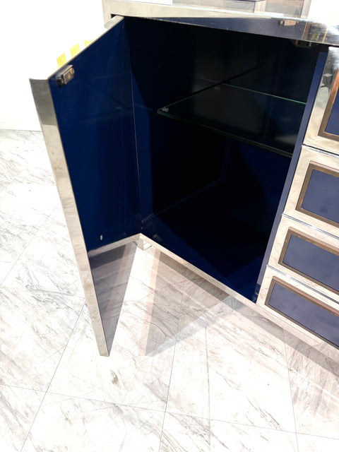 Italian Chrome and Lacquered Credenza with Geometric Bookshelf, 1970s